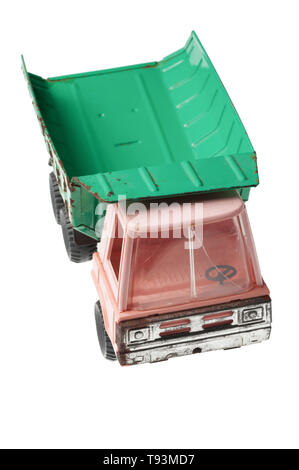 Retro toy dump truck isolated on white background Stock Photo