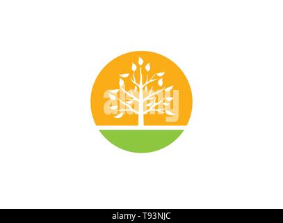 Leafy tree for an agricultural soil and plant with the big sun for Cultivation of solar plants for logo design illustration Stock Vector