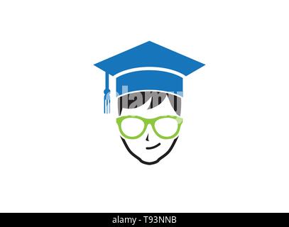 Graduation hat and a face smile with glasses for logo Stock Vector