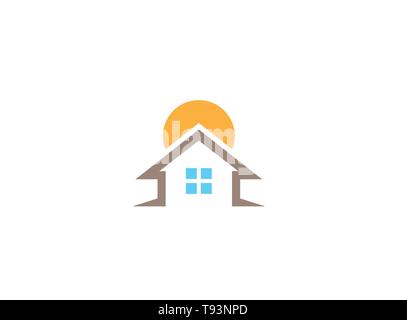 house symbol a big sun behind the home logo design Stock Vector