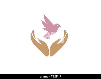 Dove bird between hands care human health and nature for logo design Stock Vector