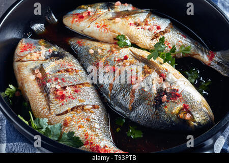 three Raw dorado fish marinated with spices, sea salt, ginger, soy sauce and herbs in a baking dish on a concrete table, close-up Stock Photo