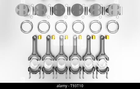 3D rendering. Crankshaft for 6v cylinders engine. Truck crankshaft on grey background. Engine bearing crankshaft with pistons and piston rings. Stock Photo