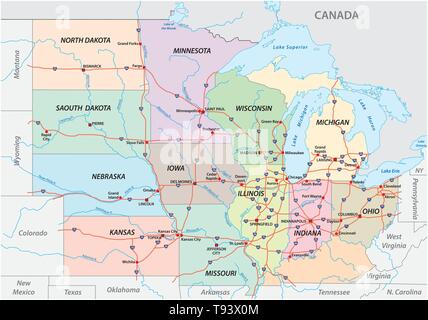 Map of the Midwest United States of America Stock Vector