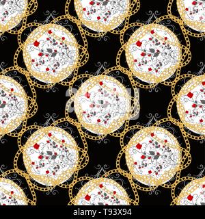 Red rose Flower ang gold chain seamless pattern eps 10 Stock Vector