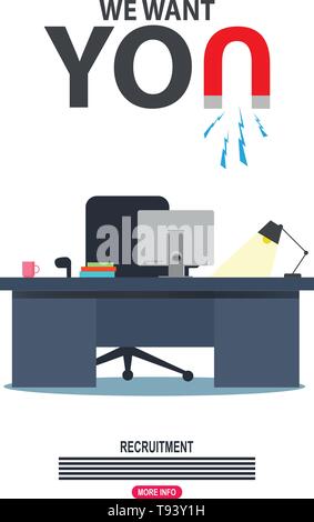 Office workplace with vacancy sign. Empty seat, chair in room for employee. Business hiring, recruitment concept. Stock Vector