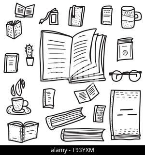 Hand drawn books doodle set. Black color sketch. Line art style