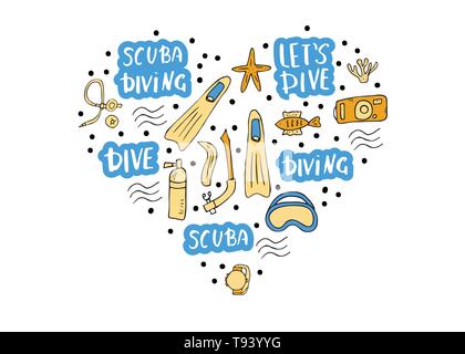 Scuba diving heart concept with elements  and equipment. Underwater activity symbols, lettering and accessories. Diver mask, aqualung, snorkel, flippe Stock Vector