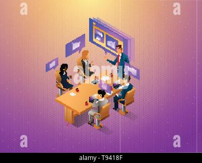 People interacting with graphs and papers while have digital meeting. Workflow and business management. 3D vector isometric illustration. Stock Vector