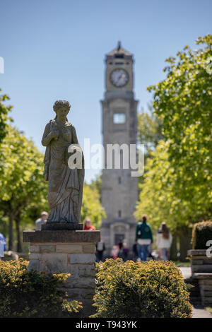 Stanley Park, Blackpool, Lancashire. 12th May 2019. Cocker Clock Tower with statue in Stanley Park, Blackpool. Stock Photo