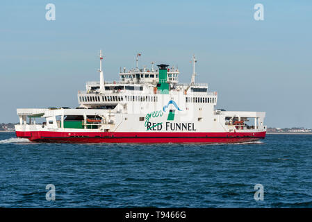 Southampton Water, England, UK. May 2019.  The Green Red Funnel roro ferry outbound to the Isle of Wight. Stock Photo