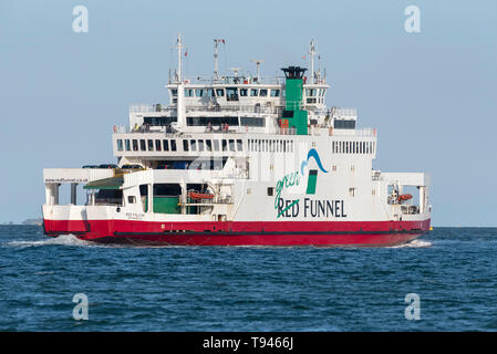 Southampton Water, England, UK. May 2019.  The Green Red Funnel roro ferry outbound to the Isle of Wight. Stock Photo