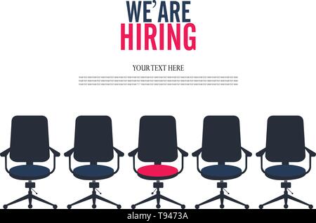 office chair, a sign vacant and inscription we're hiring with icons on background. Stock Vector