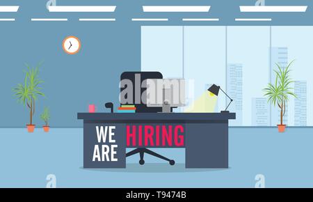 We're hiring. Vector flat illustration background, Office interior modern flat vector illustration. Business table with computer monitor and chair Stock Vector