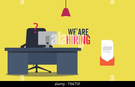 Office Worker Hiring Poster design, We're hiring. Vector flat illustration on yellow background. Stock Vector