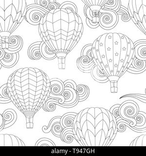 Seamless pattern with image of Hot air balloon in zentangle inspired doodle style isolated on white. Stock Vector