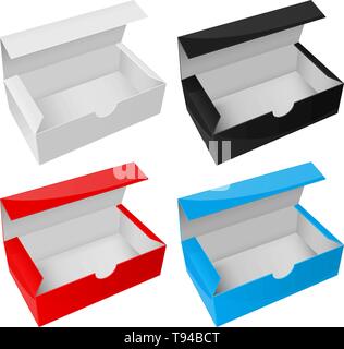 Empty paper boxes. Open colored packaging Stock Vector