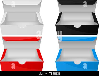 Empty paper boxes. Open colored packaging Stock Vector