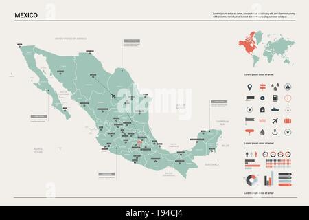 Mexico political map with capital , cities, towns, national borders ...
