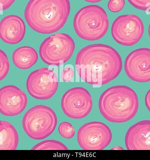 Contemporary hand drawn pink and white painted textured circles. Vector seamless pattern on turquoise background. Great for wellness products Stock Vector