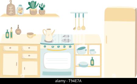 Flat design kitchen set with utensil and household appliances. Vector clip art cartoon flat illustration isolated on white background. Home decor Stock Vector