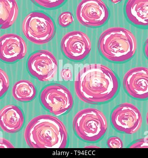 Contemporary hand drawn pink and white painted swirly circles. Vector seamless pattern on subtly doodle striped doodle background. Great for wellness Stock Vector