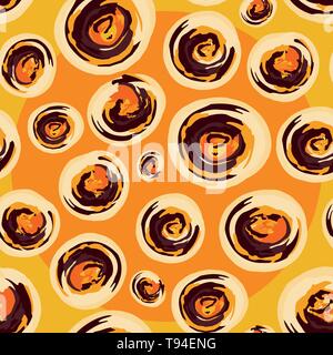 Contemporary hand drawn orange and yellow painted swirls. Vector seamless pattern on orange background with a large circle. Great for wellness Stock Vector