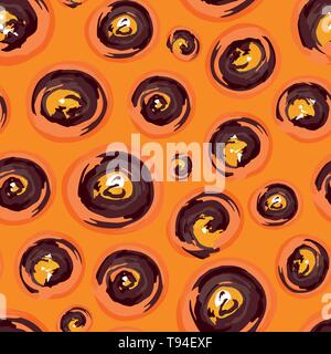 Tribal hand drawn brown, orange and white painted swirls. Seamless vector pattern on warm orange background Great for wellness, travel products Stock Vector