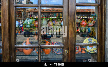 Tbilisi, Georgia - Sep 22, 2018. Glass window of souvenir shop in Tbilisi, Georgia. Tbilisi is a city with a long history, attracting millions of visi Stock Photo