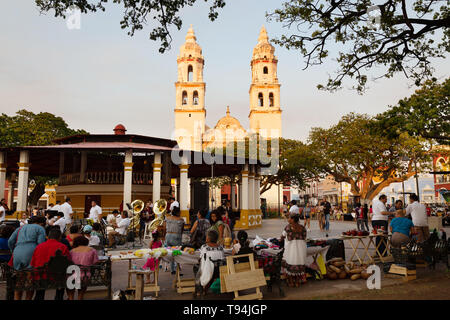 Campeche Mexico - Cathedral and people in the Central square, Campeche old town, UNESCO world heritage site, Yucatan Mexico Latin America Stock Photo