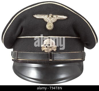 A visor cap for enlisted men/NCOs of the Allgemeine-SS regulation issue Black cloth, black trim band, white piping, beige silk liner, beneath the cap trapezoid large gold-stamped runes and size designation '56', beneath the brown leather sweatband an SS/RZM tag, the inside of the sweatband with handwritten wearer's identification 'Steiner Hans', the underside of the visor with the ink stamping 'RZM SS', silvered non-ferrous metal insignia, black patent leather straps. A lightly used visor cap. historic, historical, 20th century, Editorial-Use-Only Stock Photo