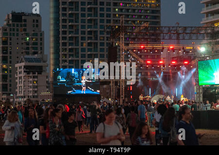 Tel Aviv, Israel,  May 14th 2019. The 2019 Eurovision village in Charles Clore park, crowds of Israelis and tourists enjoy the live shows Stock Photo