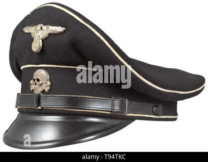 A visor cap for enlisted men/NCOs of the Allgemeine-SS regulation issue Black cloth, black trim band, white piping, beige silk liner, beneath the cap trapezoid large gold-stamped runes and size designation '56', beneath the brown leather sweatband an SS/RZM tag, the inside of the sweatband with handwritten wearer's identification 'Steiner Hans', the underside of the visor with the ink stamping 'RZM SS', silvered non-ferrous metal insignia, black patent leather straps. A lightly used visor cap. historic, historical, 20th century, Editorial-Use-Only Stock Photo