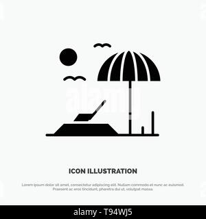 Beach, Sunbed, Vacation Solid Black Glyph Icon Stock Vector