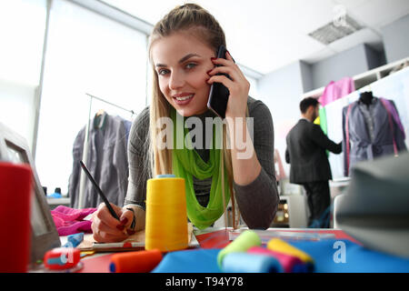 Tailoring Needlework Business Woman Talking Phone Stock Photo