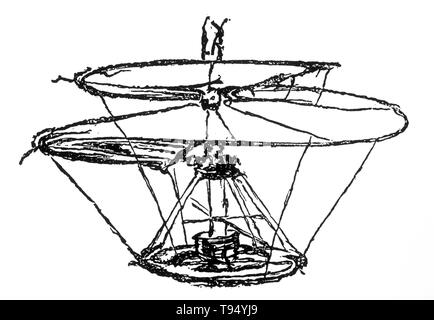 A sketch by Leonardo da Vinci of a flying machine known as the 'helical air screw' or the 'airscrew'. It was designed to compress air to obtain flight, similar to modern helicopters. Stock Photo