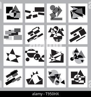 Transformation of black, gray and white geometric shapes on a sheet plane. Stock Vector