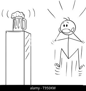 Vector cartoon stick figure drawing conceptual illustration of mad, wild or crazy man who is looking on half-litre or half-liter, mug, pint or half a litre or liter placed on pedestal. Metaphor of alcoholism and addiction. Stock Vector