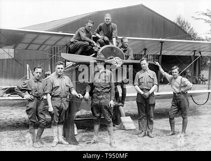 Entitled: 'Air mail. Inauguration of service, Polo Field.' The first scheduled U.S. Air Mail service began on May 15, 1918, using six converted United States Army Air Service Curtiss JN-4HM 'Jenny' biplanes flown by Army pilots under the command of Major Reuben H. Fleet and operating on a route between Washington, D.C. (Washington Polo Grounds) and New York City (Belmont Park) with an intermediate stop in Philadelphia (Bustleton Field). Stock Photo