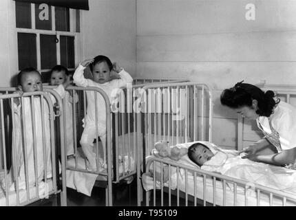 Entitled: 'Nursery, orphan infants, Manzanar Relocation Center, California.' The internment of Japanese-Americans during WWII was the forced relocation and incarceration in camps of 110,000-120,000 people of Japanese ancestry (62% of the internees were US citizens) ordered by President Roosevelt shortly after Japan's attack on Pearl Harbor. Japanese-Americans were incarcerated based on local population concentrations and regional politics. Stock Photo