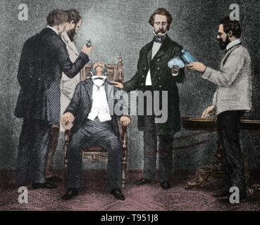 First use of surgical anesthesia. The first public demonstration of surgical anesthesia, at the Massachusetts General Hospital, October 16 1846. Various anesthetics, from alcohol to opium, were used through history, but it was not until 1846 that a successful operation was demonstrated to the public and an account published. The anesthetist, seen here administering ether gas through the patient's mouth, was the American dentist William T.G. Morton (1819-1868). Stock Photo