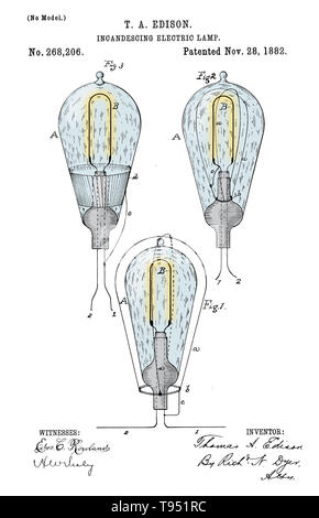 Thomas Edison's Incandescent Electric Lamp Patent. Edison began research into developing a practical incandescent lamp in 1878. He filed his first patent application for 'Improvement In Electric Lights' in October 1878. After many experiments, first with carbon in the early 1880s and then with platinum and other metals, in the end Edison returned to a carbon filament. The first successful test was on October 22, 1879, and lasted 13.5 hours. Stock Photo