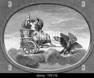 Jupiter in his chariot, drawn by a pair of eagles. In ancient Roman religion and myth, Jupiter or Jove is the king of the gods and the god of sky and thunder. Jupiter was the chief deity of Roman state religion throughout the Republican and Imperial eras, until Christianity became the dominant religion of the Empire. He is usually thought to have originated as a sky god. Stock Photo