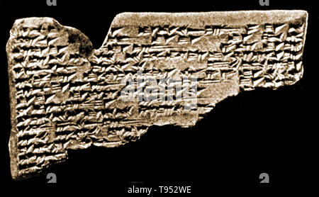 The Amarna tablets are an archive, written on clay tablets, primarily consisting of diplomatic correspondence between the Egyptian administration and its representatives in Canaan and Amurru during the New Kingdom. The Amarna letters are unusual in Egyptological research, because they are mostly written in Akkadian cuneiform, the writing system of ancient Mesopotamia, rather than that of ancient Egypt. The written correspondence spans a period of at most thirty years. Stock Photo