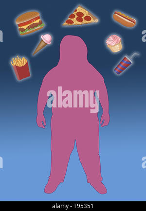An illustration of an obese child surrounded by junk food Stock Photo ...
