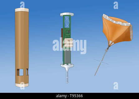 A dropsonde is an expendable weather reconnaissance device created by the National Center for Atmospheric Research (NCAR), designed to be dropped from an aircraft at altitude over water to measure (and therefore track) storm conditions as the device falls to the surface. Stock Photo