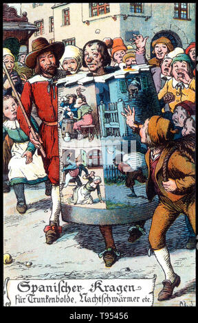 German postcard depicting medieval punishment for drunkeness or debauchery. A Drunkard's cloak was a type of pillory used in various jurisdictions to punish miscreants. The drunkard's cloak was actually a barrel, into the top of which a hole was made for the head to pass through. Two smaller holes in the sides were cut for the arms. Once suitably attired, the miscreant was paraded through the town, effectively pilloried.