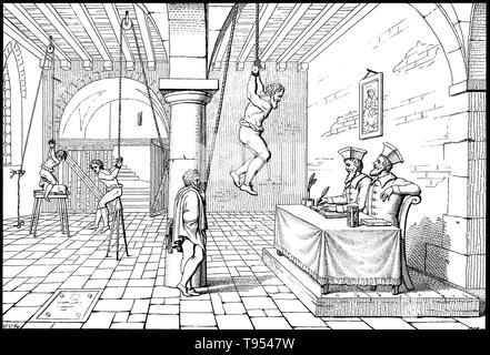 An Inquisition torture chamber where one victim is tied up and suspended from a pulley while being interrogated by two scribes, while another victim is suspended from the ceiling and lowered onto a spike with his rectum. The Inquisition was a group of institutions within the government system of the Catholic Church whose aim was to combat heresy. It started in 12th century France to combat religious sectarianism, in particular the Cathars and the Waldensians. Stock Photo