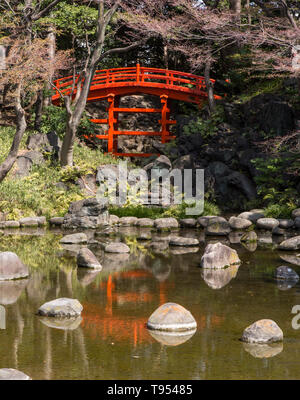 TRADITIONAL RED BRIDGE, KOISHIKAWA KORAKUEN GARDEN,TOKYO Stock Photo