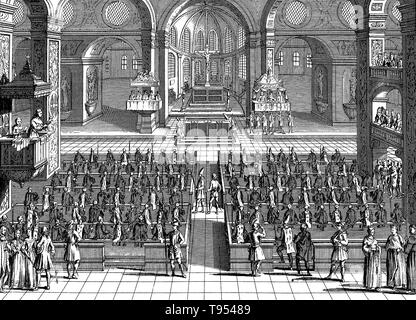 An auto-da-fé of the Spanish Inquisition held in a church. An auto-da-fé (act of faith) was the ritual of public penance of condemned heretics and apostates that took place when the Inquisitiors had decided their punishment, followed by the execution by the civil authorities of the sentences imposed. The most extreme punishment imposed on those convicted was execution by burning. The Spanish Inquisition was established in 1480 by Catholic Monarchs Ferdinand II of Aragon and Isabella I. Stock Photo